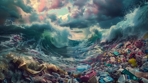 Polluted ocean waves with plastic waste and dramatic sky Environmental crisis and pollution theme