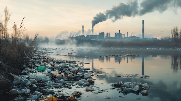 Photo polluted river with plastic waste and industrial smoke