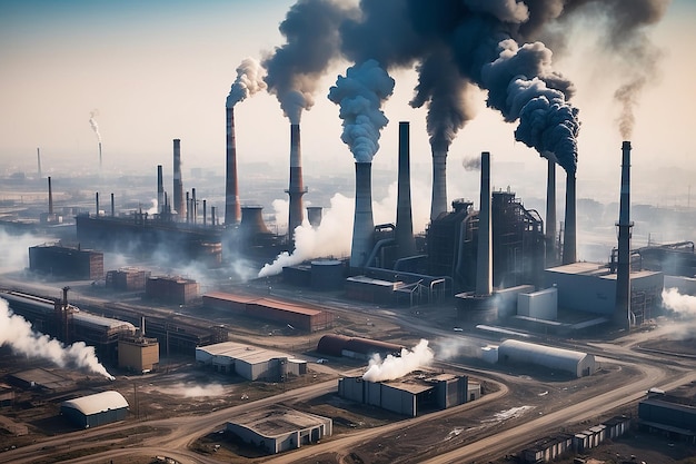 Pollution on earth with factory buildings and dirty smoke