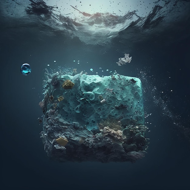 Pollution of ocean water plastic and debris float in water.