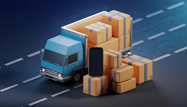 Photo polygonal 3d truck parcels and smartphone in dark blue background online cargo delivery service