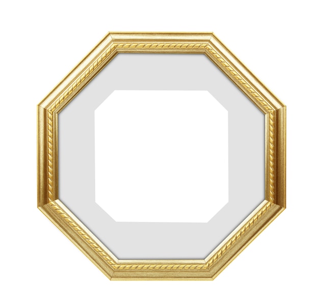 Polygonal golden picture frame, photo frame isolated on white background. With clipping path