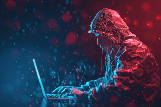 polygonal hacker with laptop Cyber attack Computer hacking concept criminal