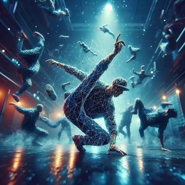 Photo polygonal style of breakdancing in a dimly lit underground club amidst the pulsating music and swir