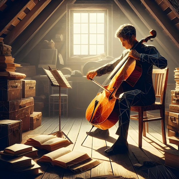 Polygonal style of a cellist practicing in a sunlit attic on a lazy afternoon surrounded by dusty