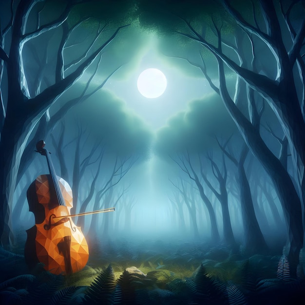 Polygonal style of a cello concert in a misty forest under a canopy of ancient trees softly illumi