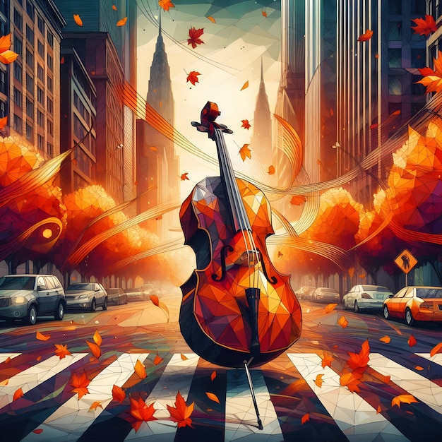 Polygonal style of a cello performance on a bustling city street during a vibrant autumn morning a