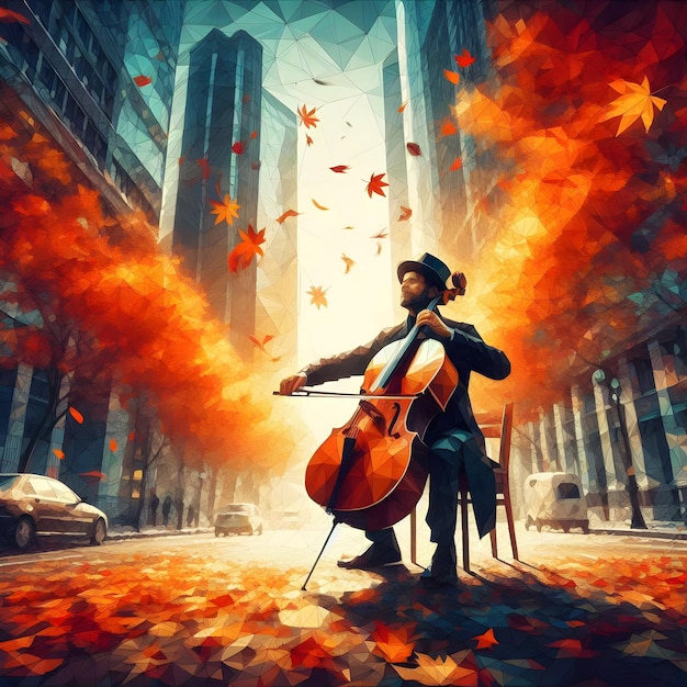 Polygonal style of a cello performance on a bustling city street during a vibrant autumn morning a