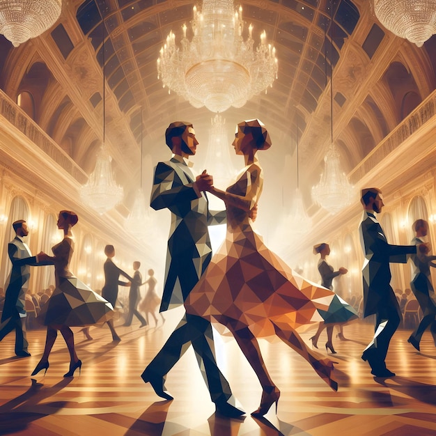 Polygonal style of couples gracefully swirling across the polished parquet floor of a grand ballroom