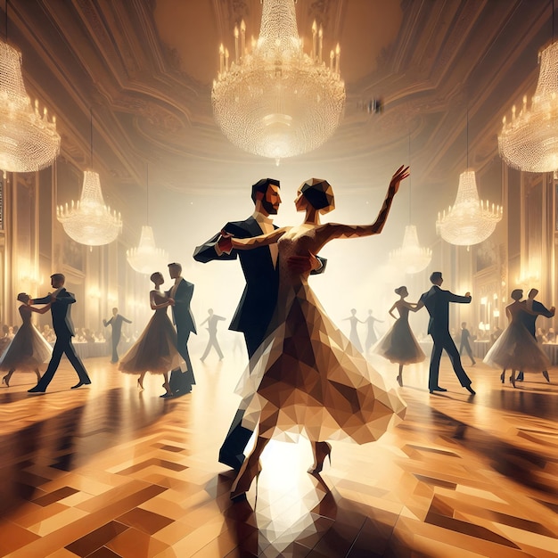 Polygonal style of couples gracefully swirling across the polished parquet floor of a grand ballroom