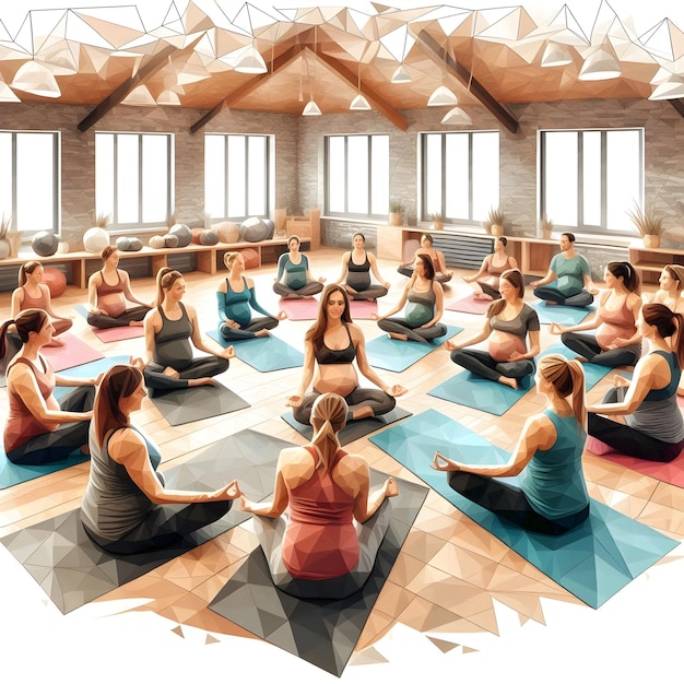 Photo polygonal style of a cozy community center a supportive group engaging in prenatal yoga classes fi