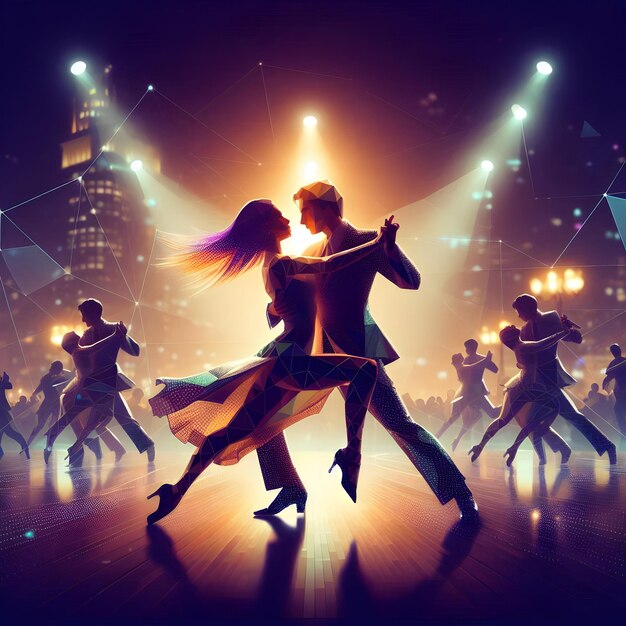 Polygonal style of dancers gracefully gliding across a dimly lit dance floor amidst the passionate