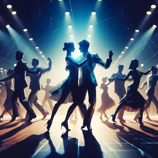 Polygonal style of dancers gracefully gliding across a dimly lit dance floor amidst the passionate