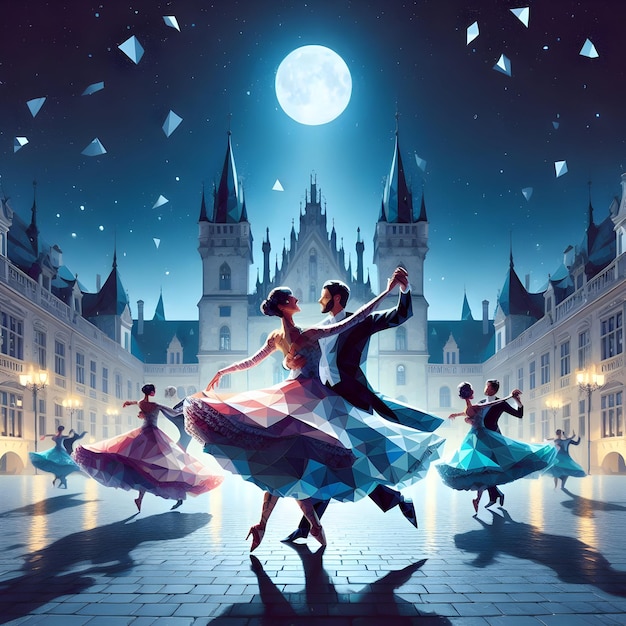 Polygonal style of dancers twirling passionately amidst the opulent backdrop of a historic castle co