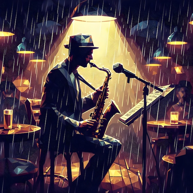 Polygonal style of a dimly lit jazz club on a rainy evening where the saxophonists soulful tunes