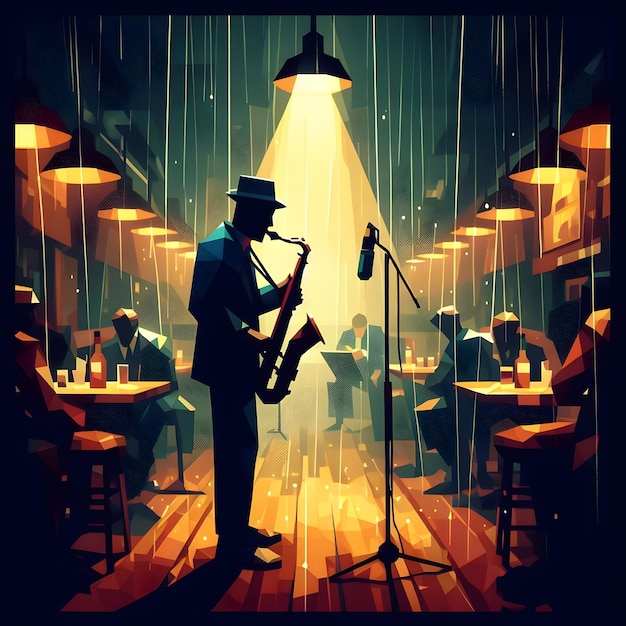 Polygonal style of a dimly lit jazz club on a rainy evening where the saxophonists soulful tunes