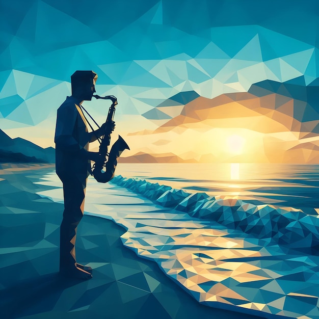 Polygonal style of a serene beach at sunrise with gentle waves lapping the shore where a saxophoni