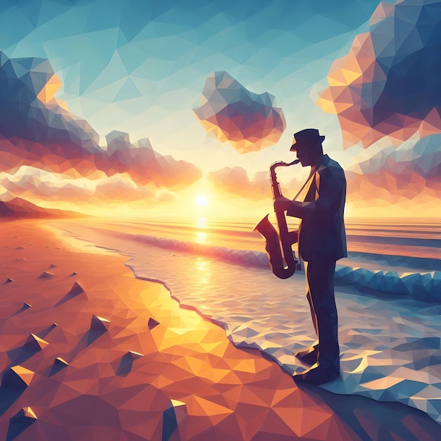 Polygonal style of a serene beach at sunrise with gentle waves lapping the shore where a saxophoni