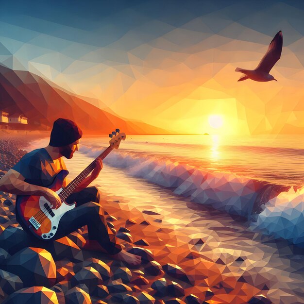 Photo polygonal style of a serene beach at sunset the bass guitarist strums soulful melodies harmonizing