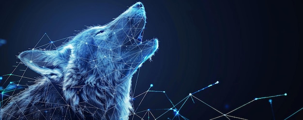 A polygonal wireframe of a majestic wolf howling with connecting lines and points forming a modern