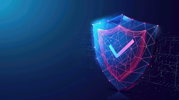 Photo polygonal wireframe shield with check mark on dark blue background