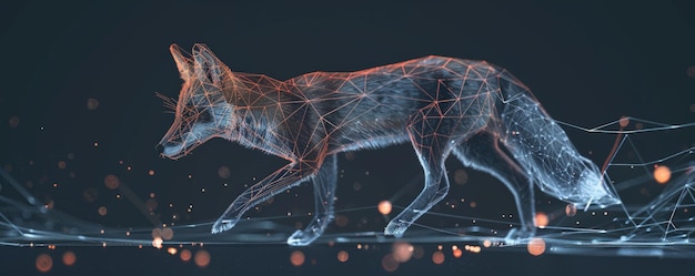 A polygonal wireframe of a trotting fox featuring intricate lines and points that create a dynamic