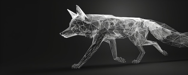 A polygonal wireframe of a trotting fox featuring intricate lines and points that create a dynamic