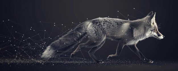 A polygonal wireframe of a trotting fox featuring intricate lines and points that create a dynamic