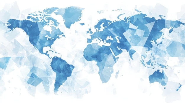 Photo polygonal world map in watercolor white and blue tones gradient design