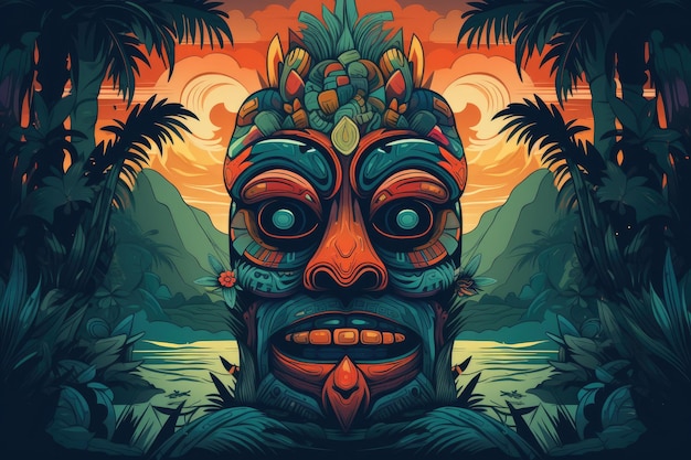 Polynesian Tiki Mask Against A Tropical Background