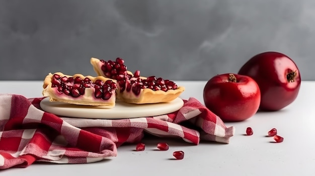 Pomegranate and apple pies on a white table