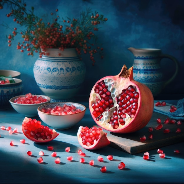 Photo pomegranate on a blue background