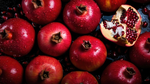 Pomegranate fruits on dark background top view Generative AI