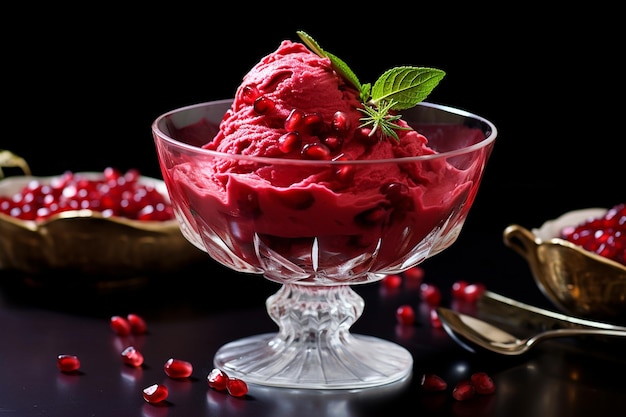 Photo pomegranate gelato in a glass bowl with fresh pomegranate seeds