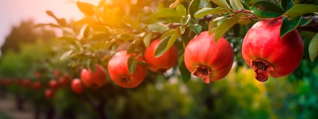 Pomegranate grows on a tree in the harvest garden Generative Ai