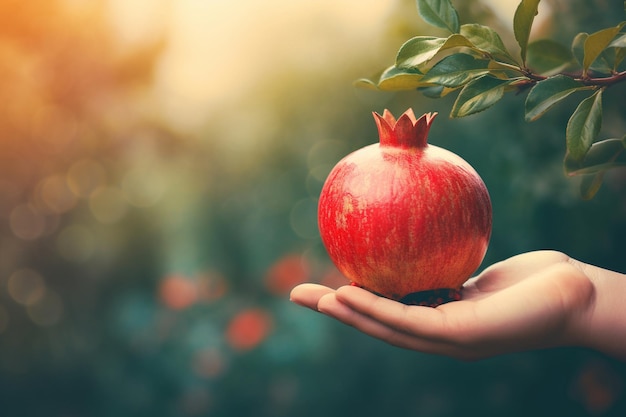 a Pomegranate in hand Pomegranate tree background