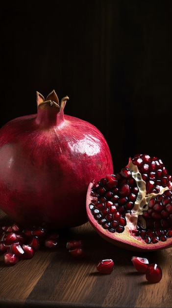 A pomegranate is sitting on a wooden table generative AI