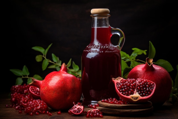 Pomegranate juice in bottle and fruit