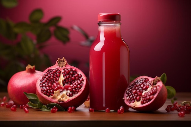 Pomegranate Juice Bottle with Vibrant Red Background Pomegranate juice image photography