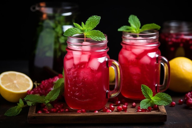 Pomegranate Juice with Lemon and Mint in Mason Jars Pomegranate juice image photography