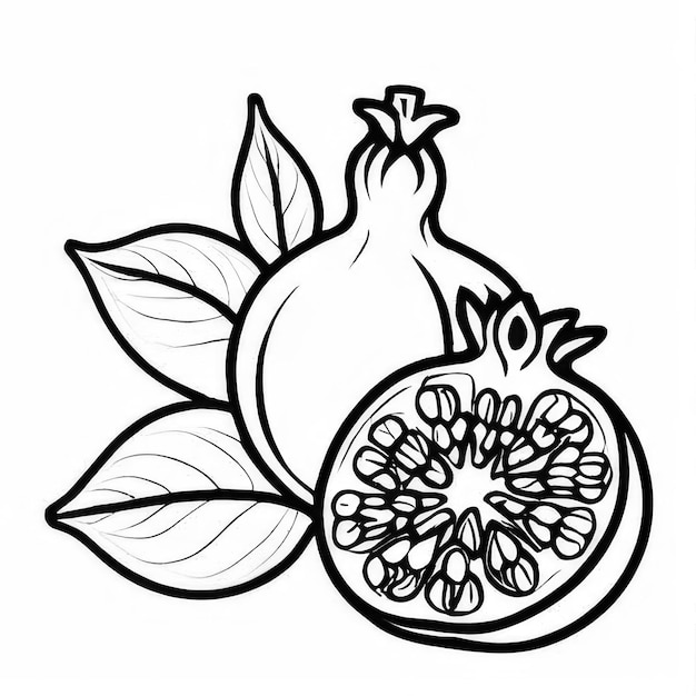 Photo pomegranate outline black and white cute coloring book