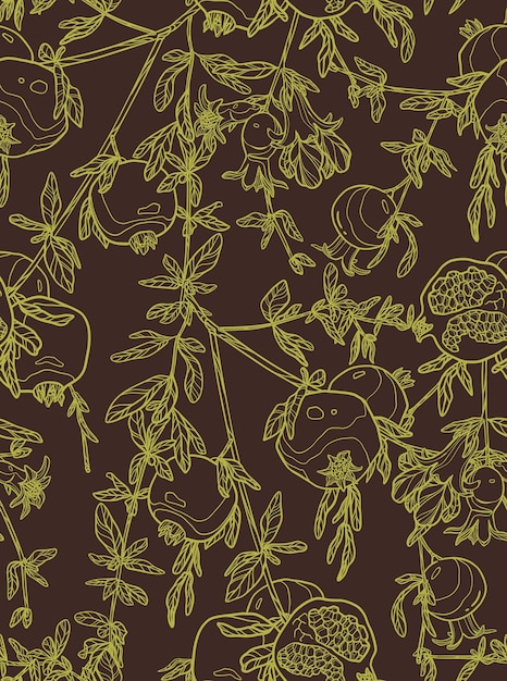 Pomegranate pattern Outline fruit branches on brown background