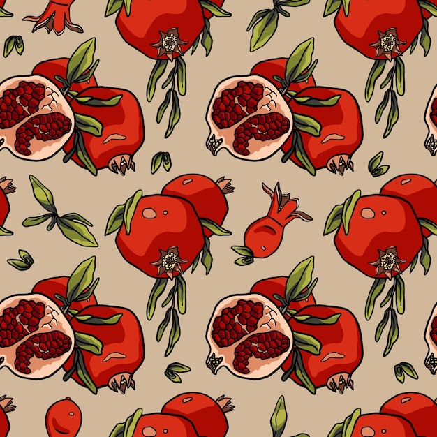 Pomegranate pattern Red ripe fruit on beige background