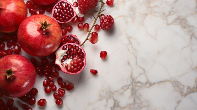 Pomegranate pieces on white marble to _view