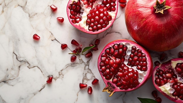 Pomegranate pieces on white marble to _view