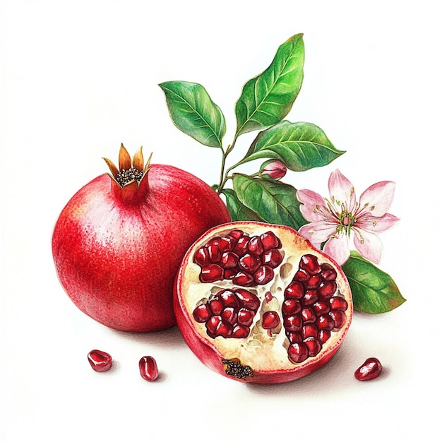 Photo a pomegranate and a pomegranate with a green leaf