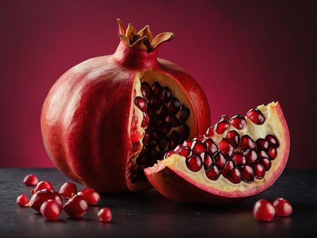 a pomegranate and pomegranate with a red background