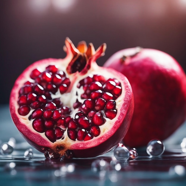 A pomegranate and pomegranate on a wooden surface with color background generated by AI