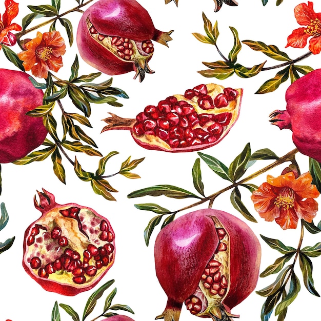 Pomegranate seamless pattern. Watercolor illustration.