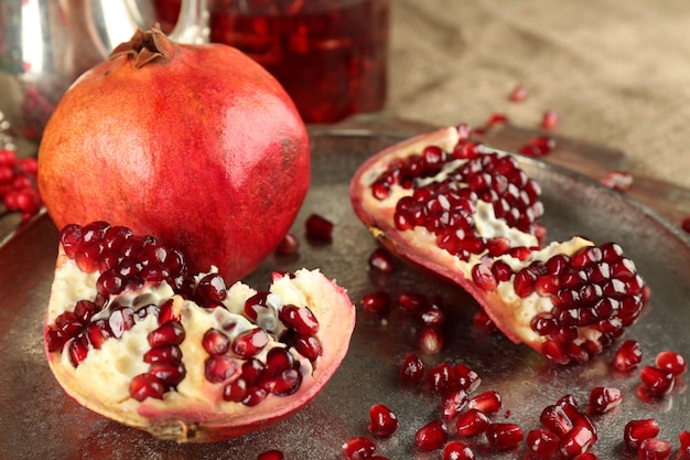 Pomegranate seeds on metal tray